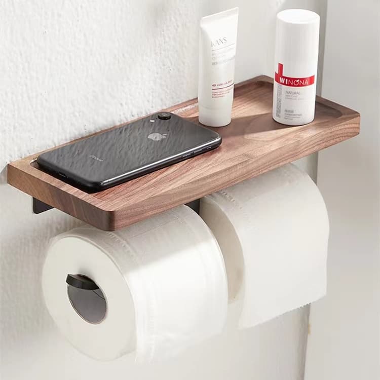トイレ収納 木目調スマホ置き棚付きトイレットペーパーホルダー