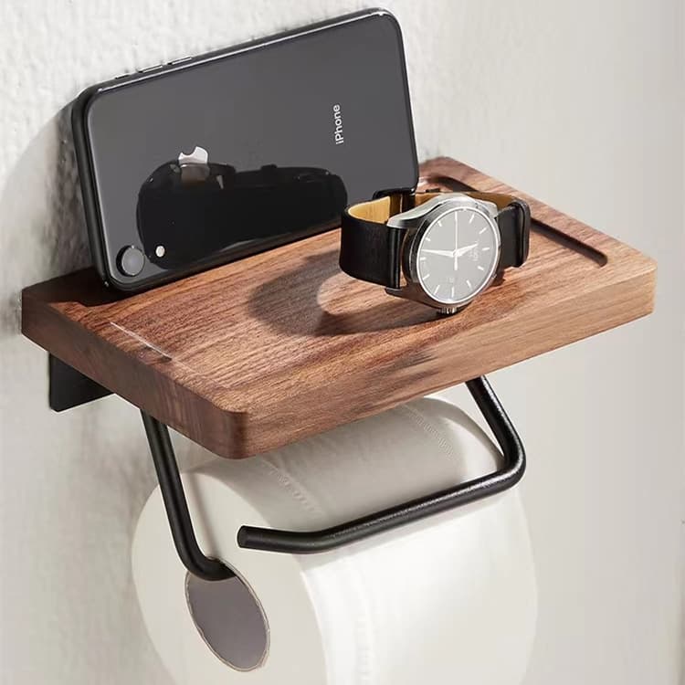 トイレ収納 木目調スマホ置き棚付きトイレットペーパーホルダー